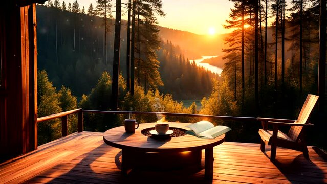 steamy coffee cups with a book on table in the balcony cottage near the forest at sunset. Seamless looping time-lapse 4k video animation background