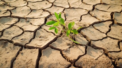 ground is dry and cracked, indicating drought problems. There is only one green sapling that stands out in the midst of the drought.