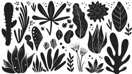 Hundreds of hand drawn shapes and doodles. Exotic jungle leaves, flowers, plants. Abstract modern trendy modern illustration. Ideal for posters, Instagram posts, stickers.