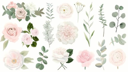 The bouquets consist of blush pink roses, sage greenery, ivory peonies, hydrangeas, ranunculus flowers, and eucalyptus leaves. - obrazy, fototapety, plakaty