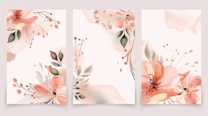 A beautiful abstract background for wedding invitation cards with floral and gold watercolor decorations.