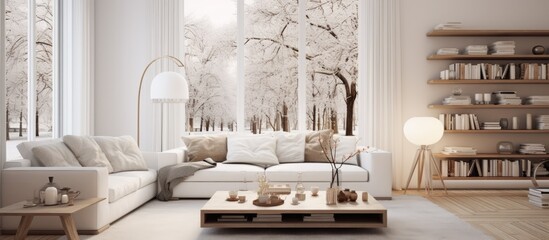 A living room with a white couch and a coffee table, featuring a modern interior design with wood flooring and art on the walls