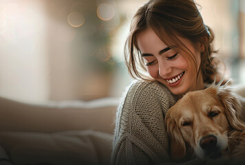 Happy woman petting dog in living room at home, smiling and looking happy while sitting on the sofa with golden retriever