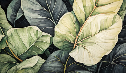 Abstract pencil color drawing art of  Fiddle Fig plant leaves pattern.tropical nature background design.wavy swirl of foliage line.organic green elements