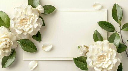 Design template for floral wedding invitations with white semi-double camellia flowers and leaves - obrazy, fototapety, plakaty