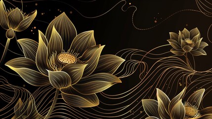 A luxurious background design with golden lotus flowers. Perfect for wallpaper, banners, prints, invitations, and packaging designs.