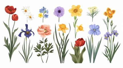 Set of garden flowers isolated on white background: Clematis, craspedia, daffodil, irises, peonies, poppy, tulips, and pansies. Colorful flat modern illustration.