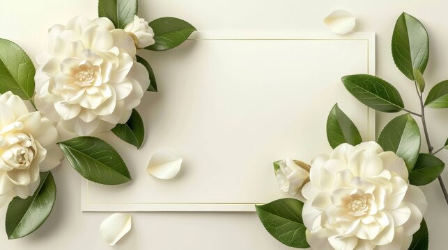Design template for floral wedding invitations with white semi-double camellia flowers and leaves