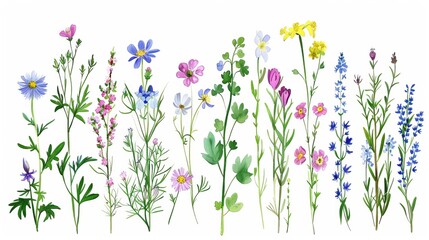 Herbs, herbaceous flowering plants, blooming flowers, subshrubs isolated on white background. Hand drawn botanical modern illustration.