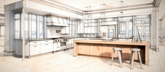 A building drawing featuring a kitchen with wooden stools, a large hardwood island, shelving, and a...