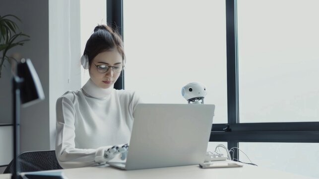 The AI robot sits at a desk, typing on a laptop on a white background. Focus on the interaction between humans and artificial intelligence technologies. Robots collaborate with human work teams