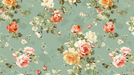 Vintage flower seamless wallpaper with green background