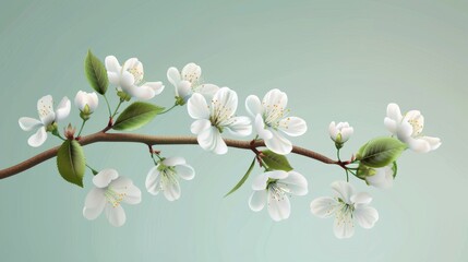 The blossoming cherry branch is adorned with white flowers. The modern illustration is realistic and detailed.