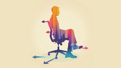 an educational diagram of a person sitting on a chair, the chair and the body meet like a gravitational point, profile view, arrows pointing from the ground 