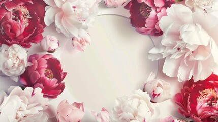 Peony background with a round label in pink, red, and white