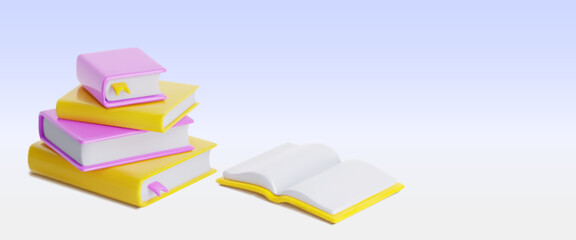 Close book stack with open one on pastel purple background with empty space for text. Realistic 3d vector illustration of literature pile for reading and education concept. Textbook publication.