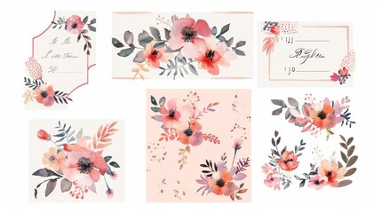 Modern set with watercolor flowers elements and calligraphic letters. Wedding invitation collection.