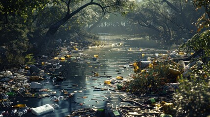 The river is full of plastic waste. Dead aquatic animals everywhere Depicts the problem of water pollution. - obrazy, fototapety, plakaty