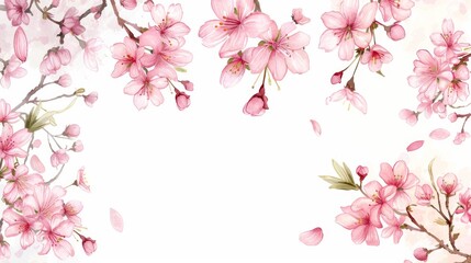 Fototapeta na wymiar Hand drawn Japanese flowers on a white background. Watercolor sakura frame. Cherry blossom branches on white background. Modern illustration of Japanese flowers.