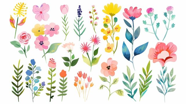 A beautiful collection of colorful flowers with leaves and flowers drawn in watercolor. Perfect for invitation, weddings, and greeting cards.