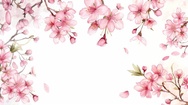Hand drawn Japanese flowers on a white background. Watercolor sakura frame. Cherry blossom branches on white background. Modern illustration of Japanese flowers.