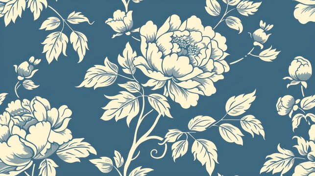 Modern floral wallpaper in a classic style with flowers and twigs. Blue background with a white peony silhouette.