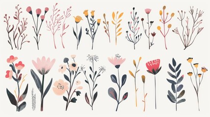 Plants and flowers collection with hand drawn vintage modern elements.