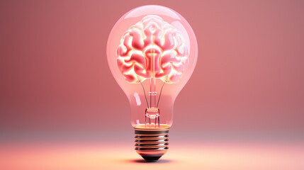 Human brain inside a light bulb on pink background. 3D rendering , Generate AI