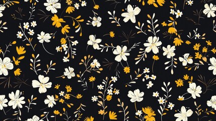 This cute pattern features small white flowers on a black background with a seamless floral design.