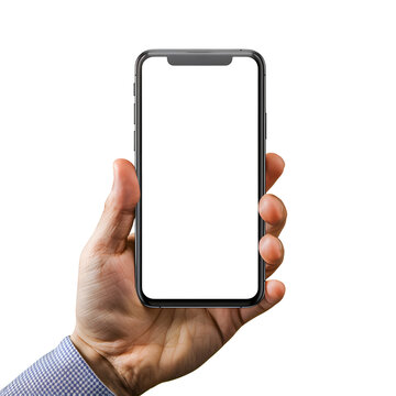 Man hand holding black smartphone isolated on white and transparent background, clipping path