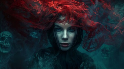 a woman with a red gothic veil surrounded by ghosts, dark tones

