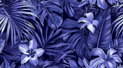 Flowing tropical flowers with monstera leaves and sabal palm leaves in an exotic indigo pattern.