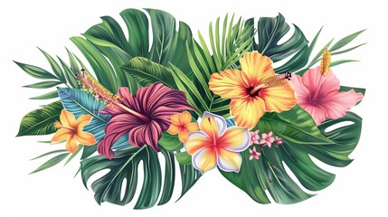 Modern exotic illustrations with tropical flowers, palm leaves, jungle leaves, hibiscus, bird of paradise flower, and tropical leaves for wedding invitations, greeting cards, and wallpaper.