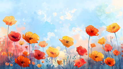 A beautiful and vibrant painting of colorful flowers against a blue sky background, perfect for nature-themed designs and decorations.
