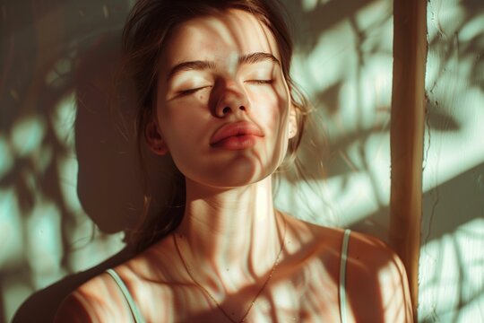 Tranquil Woman in Zen State, Eyes Closed, Bathed in Sunlight's Slanting Rays, Serene Facial Expression, Concept of Inner Peace and Meditation