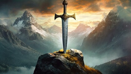 cross on top of mountain, Sword stuck in a rock like in the Excalibur legend , the mythical sword of king Arthur