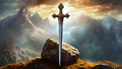 cross in the sky, Sword stuck in a rock like in the Excalibur legend , the mythical sword of king Arthur - obrazy, fototapety, plakaty