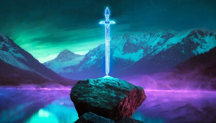 background with clouds, Sword stuck in a rock like in the Excalibur legend , the mythical sword of king Arthur - obrazy, fototapety, plakaty