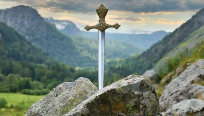 landscape in the austrian mountains, Sword stuck in a rock like in the Excalibur legend , the mythical sword of king Arthur
