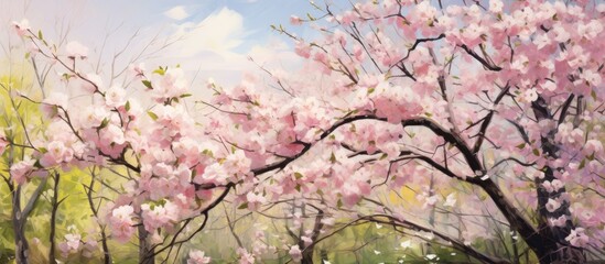 Obraz na płótnie Canvas A beautiful painting capturing the cherry blossom tree in a park, with its delicate pink flowers, green grass, blue sky, and twisted branches enhancing the natural landscape