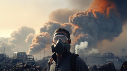 Toxic fumes from cars, factories, PM 2.5 dust, people wearing masks. Depicts the problem of air pollution.