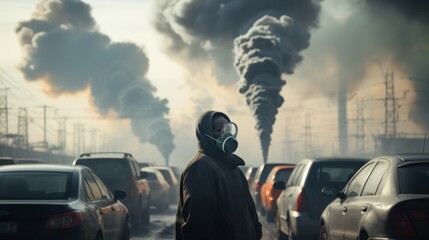 Toxic fumes from cars, factories, PM 2.5 dust, people wearing masks. Depicts the problem of air pollution.