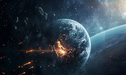 Obraz premium Meteor approaching Earth in space, the meteorite is approaching the planet, Generative AI 