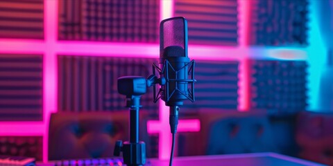 Podcast studio microphone with colorful background. - obrazy, fototapety, plakaty