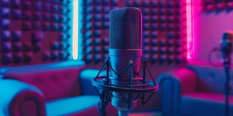Podcast studio microphone with colorful background.