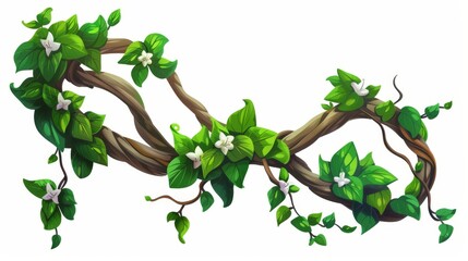Illustration of jungle vine with twisted leaves and flowers. Cartoon illustration of jungle creeper ivy trunk with vegetation.