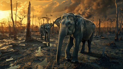 Wild elephants were killed Show the effects of deforestation. - obrazy, fototapety, plakaty