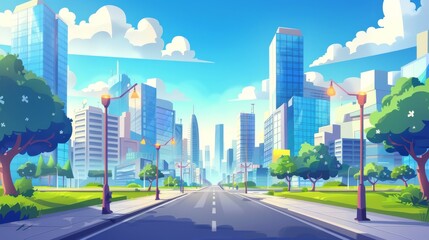 An illustration of a big city with modern skyscrapers viewed from the highway perspective, with streetlights and grass along the road, high-rise office and housing buildings and a blue sky with white