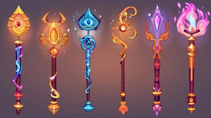 Fototapeta na wymiar This fantasy scepter golden metal is ideal for level rank UI design. This cartoon modern illustration depicts an evolution of a wizard and magician's fantastic weapon. This enchantment stuff will fit