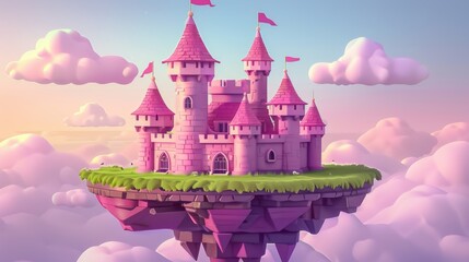 Fantasy pink castle with towers, gates, and windows floating on a single floating island of grass surrounded by clouds. Cartoon royal medieval kingdom palace floating on water.
